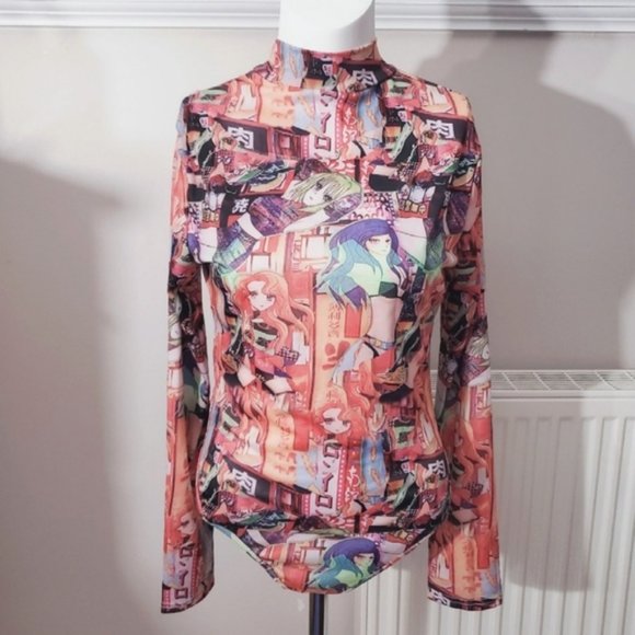 Japanese Anime-Manga Graphic Print Mock Neck Bodysuit Onesie- Size Small - Picture 3 of 11